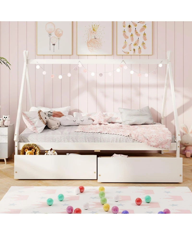 Gouun Twin Wooden House Bed Platform Frame 2 Storage Drawers Kids