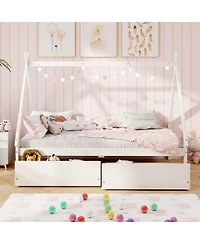 Gouun Twin Wooden House Bed Platform Frame 2 Storage Drawers Kids