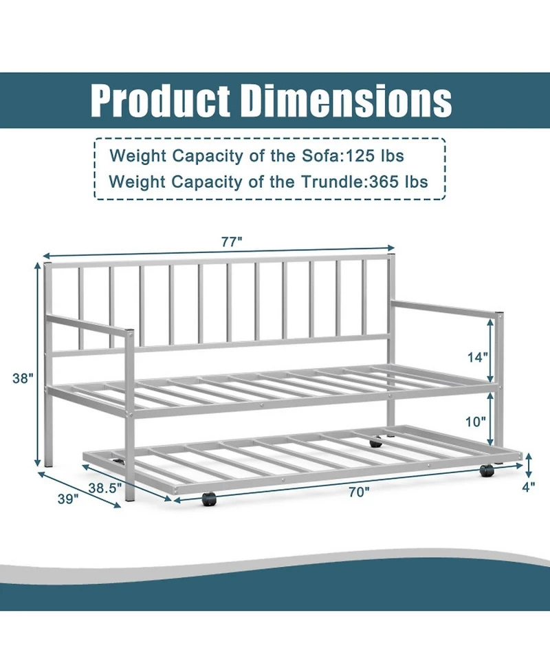 Gouun Twin Metal Daybed with Roll-Out Trundle and Slat Support