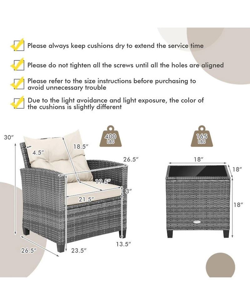 Gouun 3-Piece Outdoor Wicker Conversation Set with Glass Table