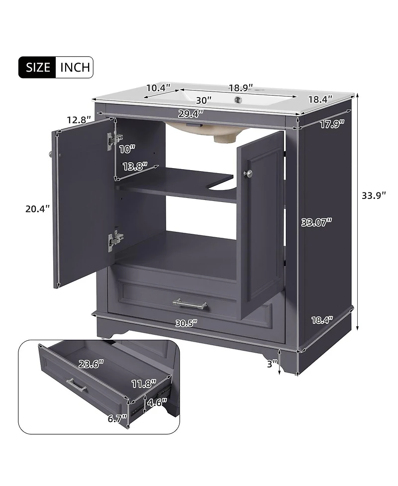 Sillysis Bathroom Vanity with Ceramic Sink, Drawer 2 Soft Close Doors, Adjustable Shelf Storage for Modern