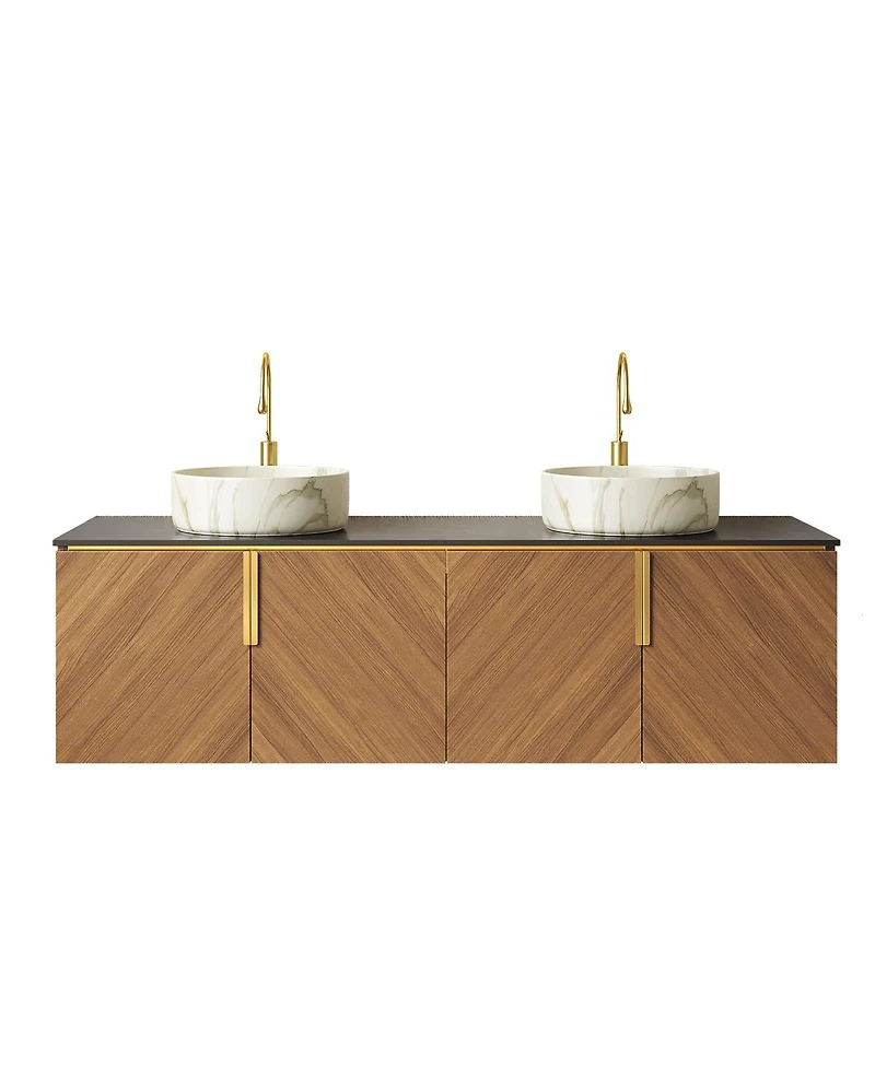 Sillysis 60 Inch Double Sink Bathroom Vanity, Sintered Stone Top, Double Ceramic Vessel Sink