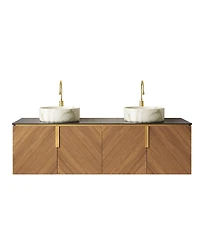 Sillysis 60 Inch Double Sink Bathroom Vanity, Sintered Stone Top, Double Ceramic Vessel Sink