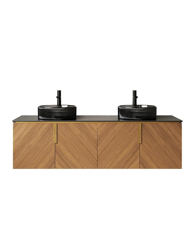 Sillysis 60 Inch Double Sink Bathroom Vanity, Sintered Stone Top, Double Glass Vessel Sink, Soft Close Large Storage