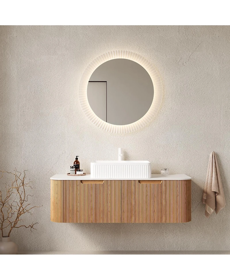 Sillysis Wall Mounted Bathroom Vanity with Rectangular Ceramic Sink, Modern Wood Grain Cabinet, Soft Close Drawer, Pre-assembled