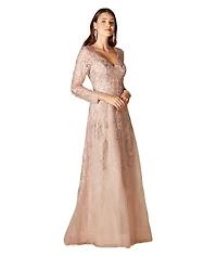 Lara Women's Long Sleeve V-Neck Lace Gown