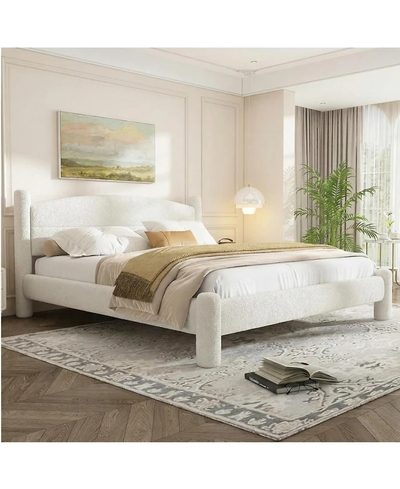 gaomon Boucle Bed Frame, Upholstered Platform Cloud with Soft Round Headboard and Cylindrical Legs, Noise Free Heavy Duty