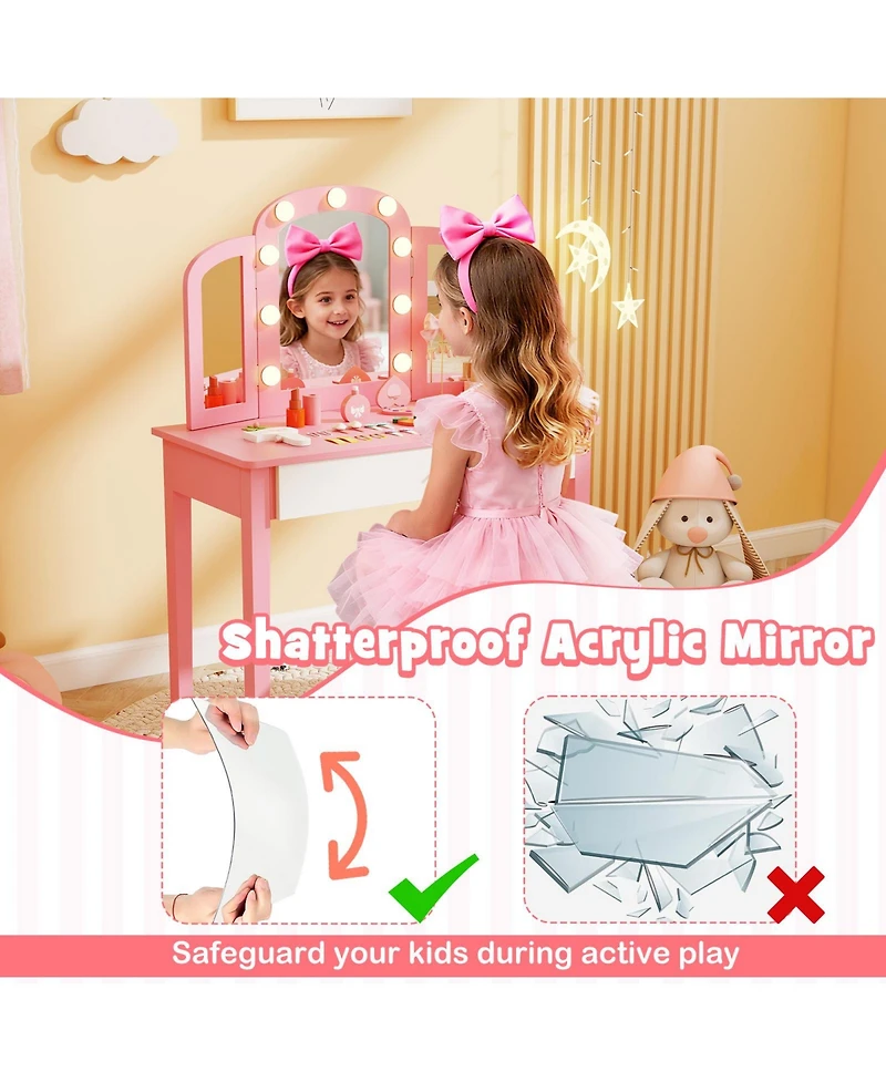 Slickblue 2 1 Kids Vanity Table Set with Tri Folding Detachable Mirror and Lights