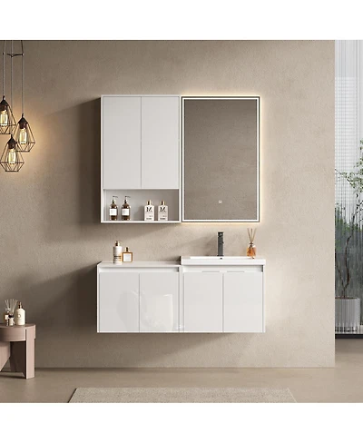 Sillysis 47 Inch Modern Wall Mounted Bathroom Vanity with Resin Sink, Soft Close Doors, Water-Resistant Double Cabinet Storage