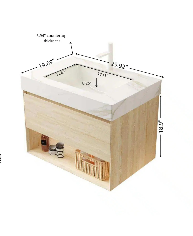 Sillysis 30 Inch Wall Mounted Bathroom Vanity with Led Shelf, Sintered Stone Top, Ceramic Sink, Soft Close Drawer for Modern Bathrooms