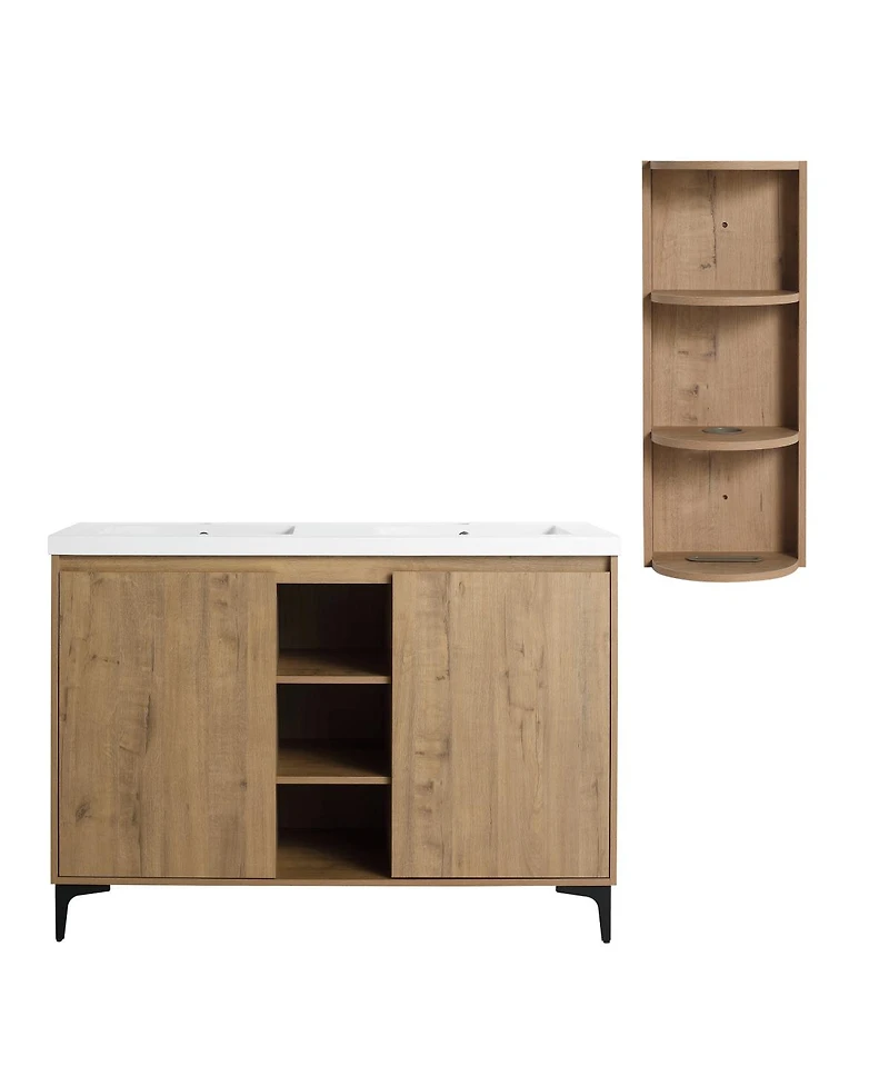 Sillysis 47.6 Inch Freestanding Double Sink Bathroom Vanity with Resin Basin, Wall Mounted Storage Rack, Modern Adjustable Shelves