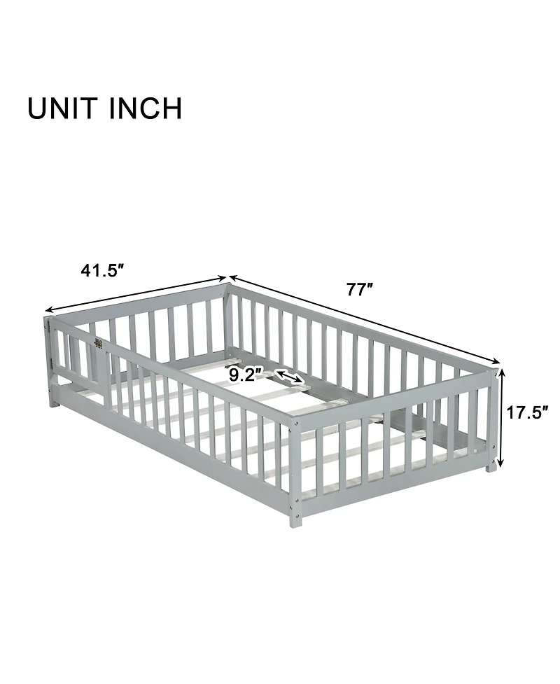 Sailvan Twin Floor Bed with Fence and Door,Solid Wood Kids Frame for Toddlers