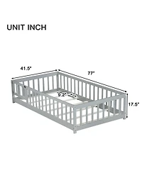Sailvan Twin Floor Bed with Fence and Door,Solid Wood Kids Frame for Toddlers