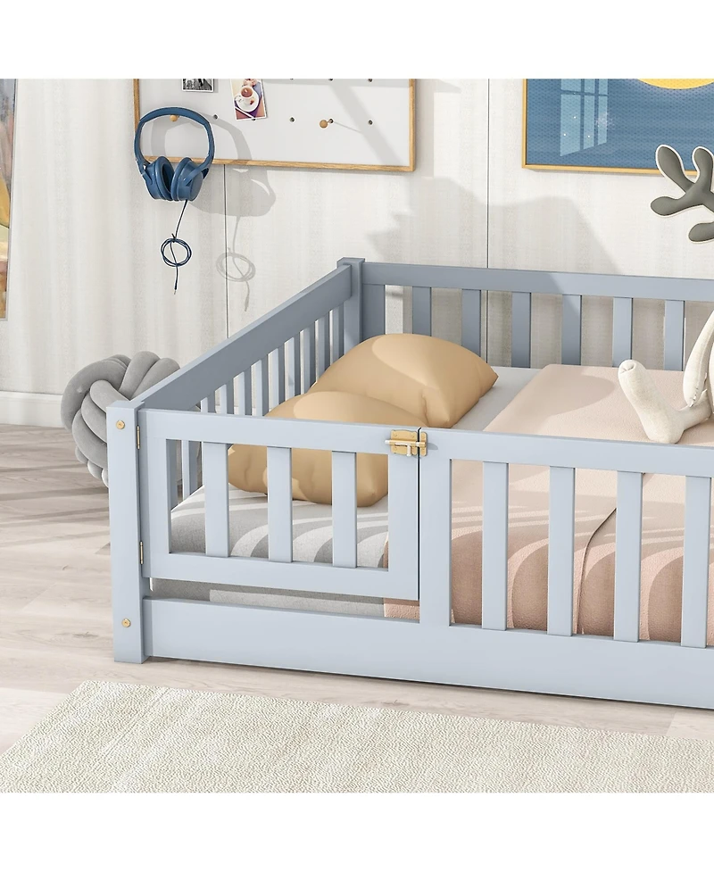 Sailvan Floor Bed with Fence and Door, Solid Wood Kids Platform Frame