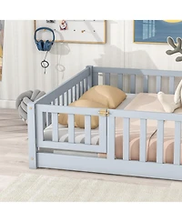 Sailvan Floor Bed with Fence and Door, Solid Wood Kids Platform Frame