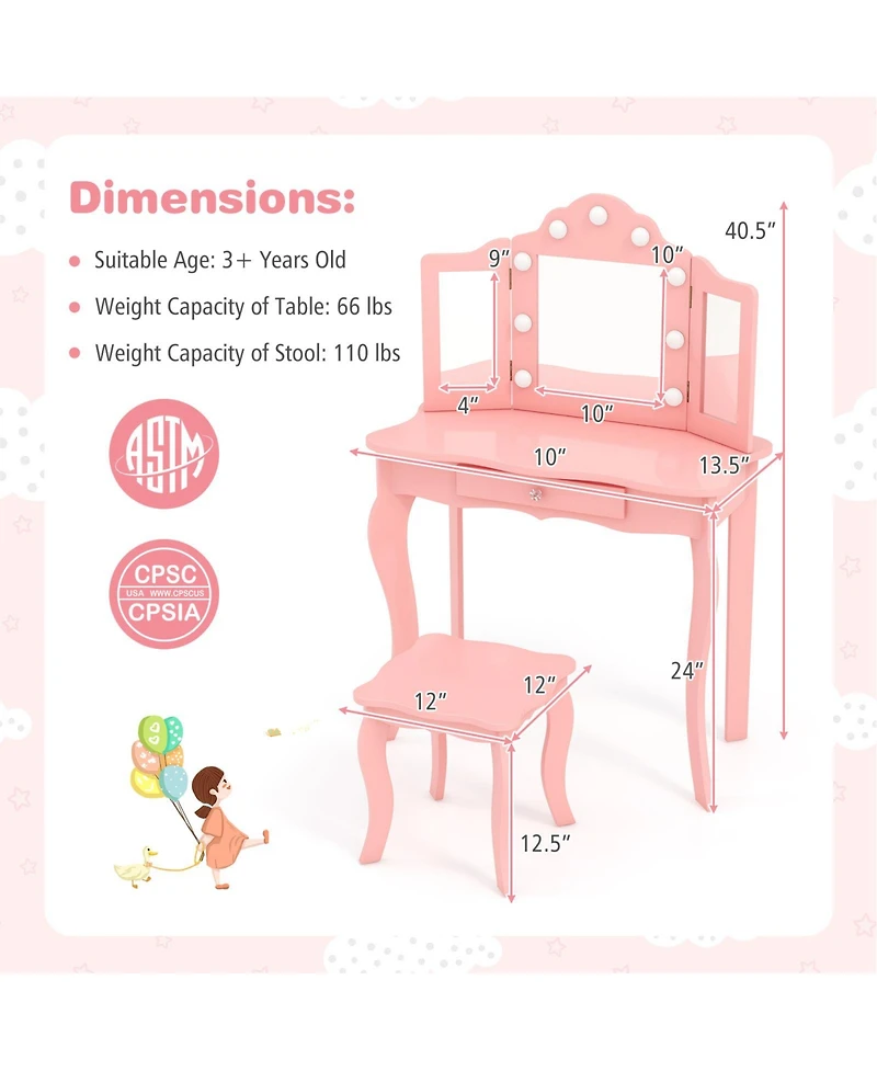 Slickblue Kids Vanity Table Set with Stool Tri Folding Mirror and 3 Color Led Lights