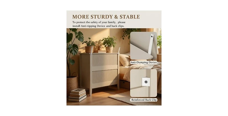 Lucky One 32"W Wide Fluted Nightstand with 3-Drawer