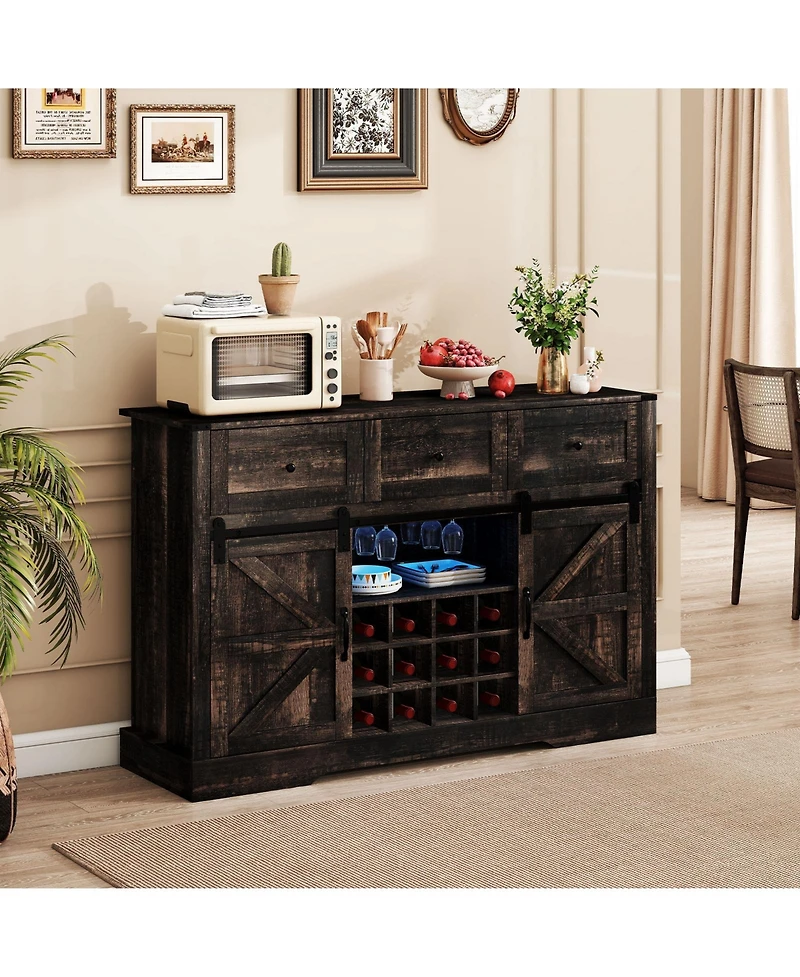 Slickblue 52 Inch Home Bar Cabinet with Led Lights, Sliding Barn Doors and Wine Storage