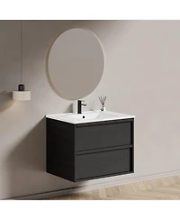 Phying 30 Inch Bathroom Vanity Cabinet With Ceramic Sink Modern Wall Mounted Floating Fluted Vanity With Drawers