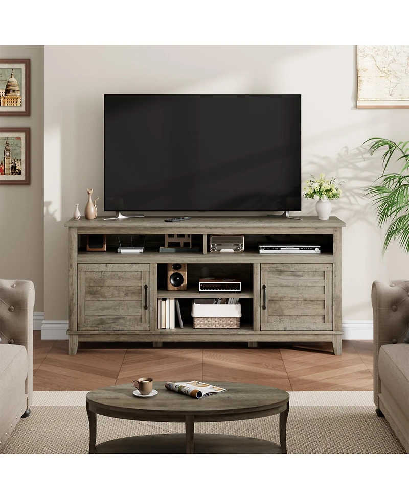 homfan 63 Inch Brown Farmhouse Wood Tv Stand, Entertainment Center with Adjustable Shelves, Tv Stand with Cabinet Doors, for Living Room, Bedroom