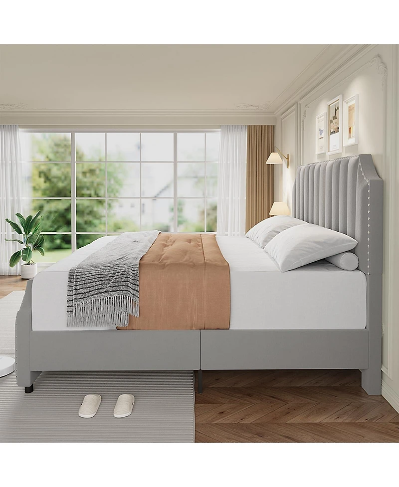homfan Velvet Bed Frame, 50.2" Tall Headboard and Footboard, Upholstered Platform Bed with Nailhead Trim, No Box Spring Needed