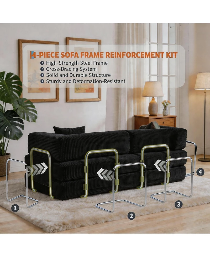 homfan 5-in-1 Convertible Sofa Bed, Corduroy Floor with 4 Pillows, 2 Cup Holders and Deep Seat Cushion for Small Spaces