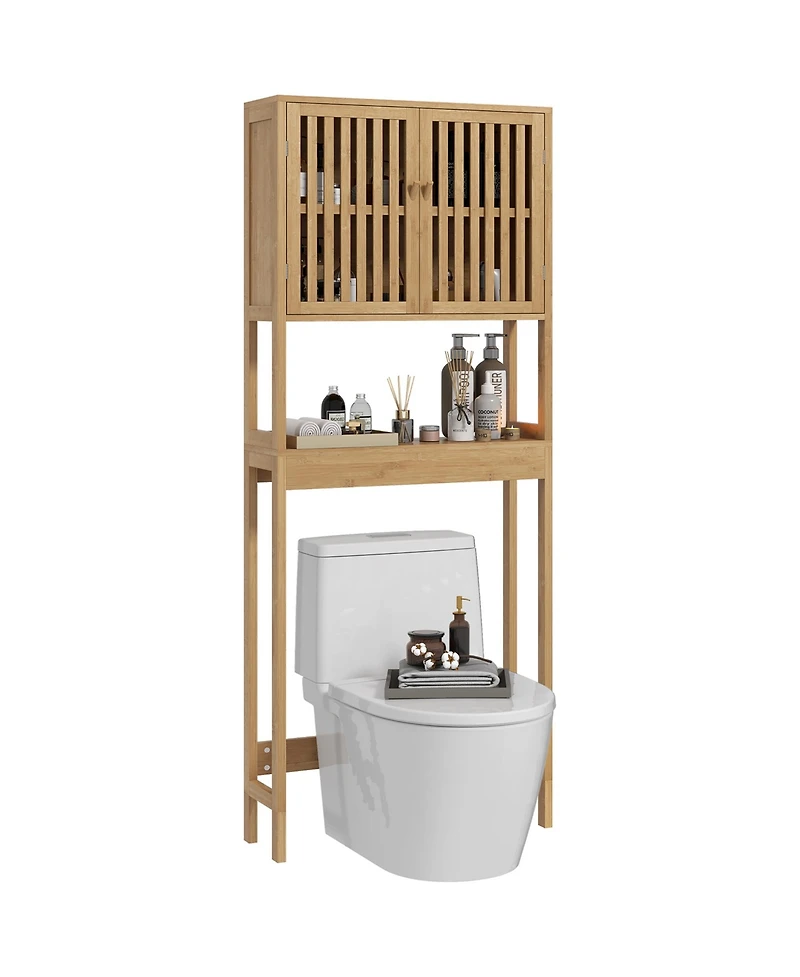 Midola Over the Toilet Cabinet, Bamboo Bathroom Above Toilet Storage with Slatted Doors and Adjustable Shelf for Bathroom