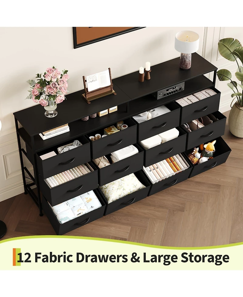 homfan 63-Inch Fabric Long Dresser with 12 Drawers - Tv Stand Fits Up to 70 Inch Modern Storage Cabinet Open Shelf