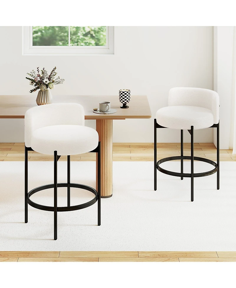 Gymax Set of Boucle Counter Stools with Curved Backrest Metal Frame Comfy Footrest