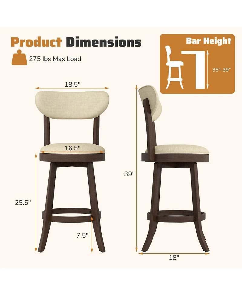 Gymax Set of 2 25.5'' Counter Height Chairs with Padded Seat and Backrest Rubber Wood