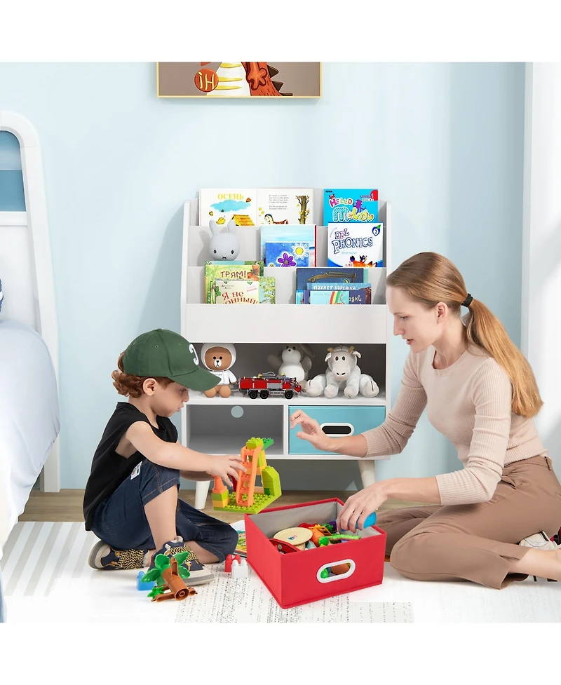 Gymax Kids Bookshelf with 3-Tier Bookshelves Open Compartment and 2 Foldable Fabric Drawers