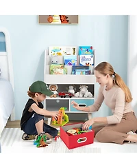 Gymax Kids Bookshelf with 3-Tier Bookshelves Open Compartment and 2 Foldable Fabric Drawers