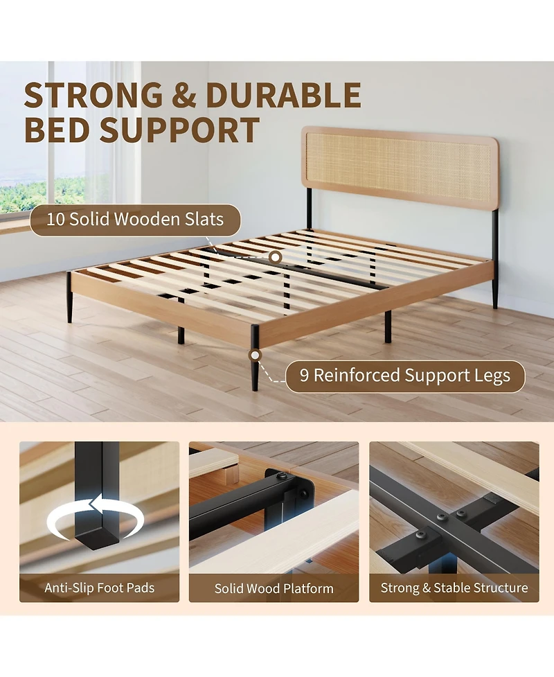 homfan Rattan Bed Frame, Wooden Platform with Headboard and Under Storage for Bedroom