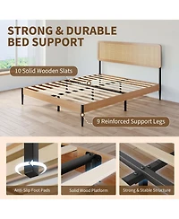 homfan Rattan Bed Frame, Wooden Platform with Headboard and Under Storage for Bedroom