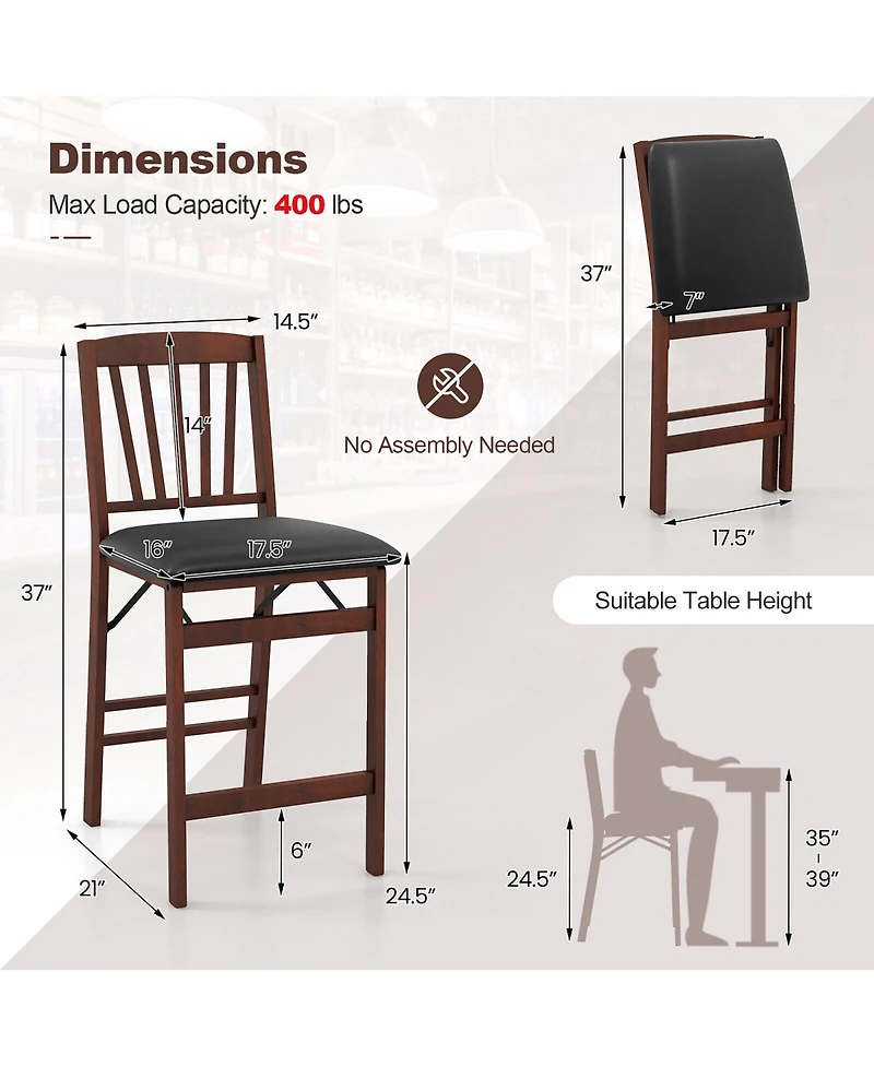 Gymax Set of 2 Counter Height Chairs Folding Kitchen Island Stool with Padded Seat