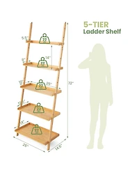 Gymax 5-Tier Bamboo Ladder Shelf Wall-Leaning Bookshelf Display Bookcase Storage Rack