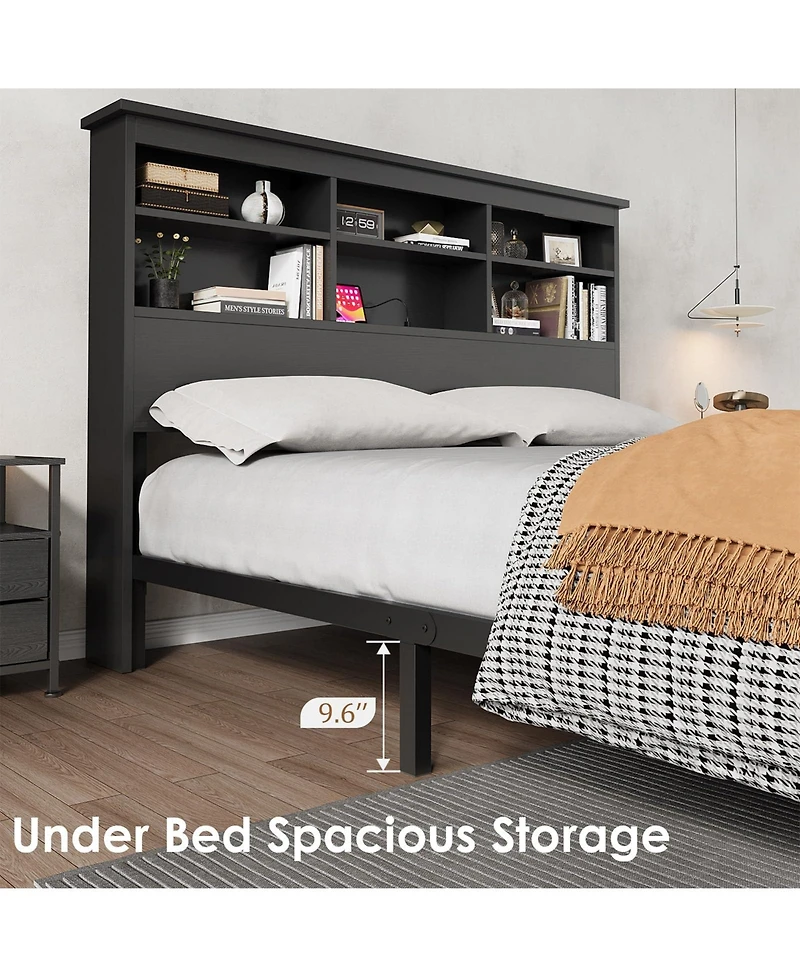 homfan Bed Frame with Bookcase Headboard, 2-Tier Storage Platform Bed with Charging Station, No Box Spring Needed
