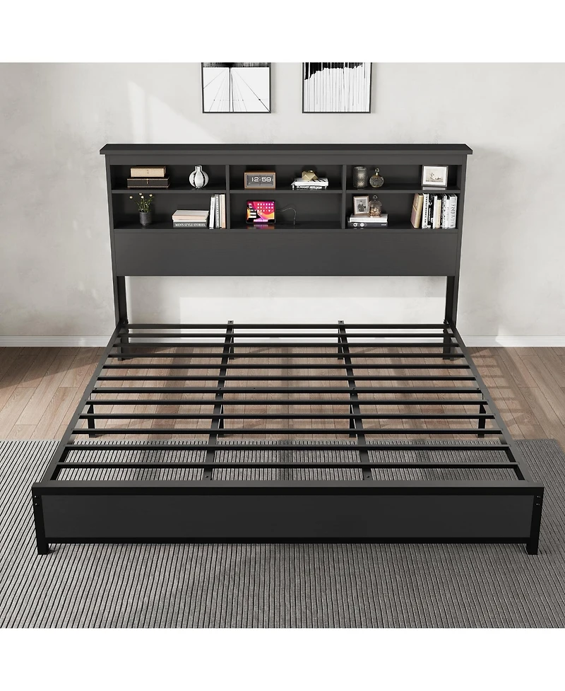 homfan Bed Frame with Bookcase Headboard, 2-Tier Storage Platform Bed with Charging Station, No Box Spring Needed