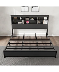 homfan Bed Frame with Bookcase Headboard, 2-Tier Storage Platform Bed with Charging Station, No Box Spring Needed
