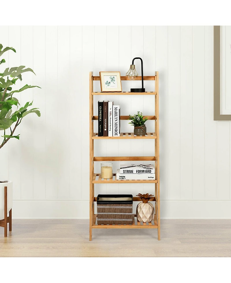 Gymax 4-Tier Bamboo Ladder Shelf Multipurpose Plant Display Stand Storage Bookshelf