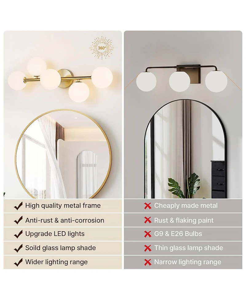 Midola 5-Light Bathroom Light Fixtures, Mid Century Modern Bathroom Light Ceiling Light, 3CCT Dimmable Led Wall Sconces Semi-Flush Mount Light Fixture