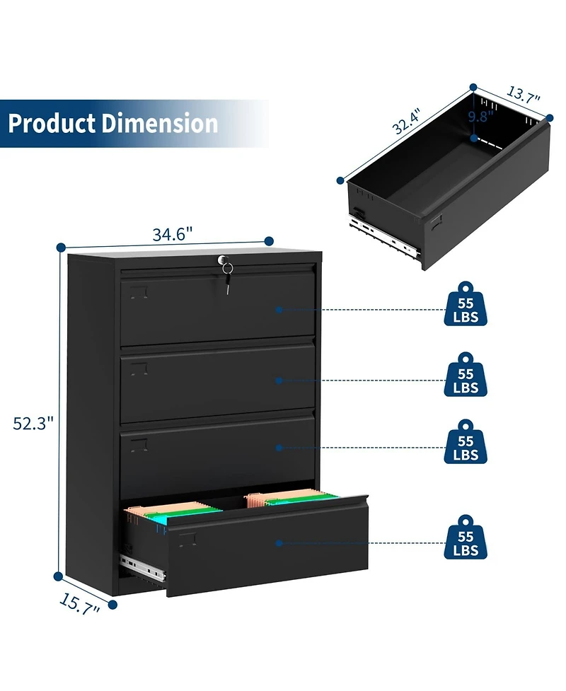homfan 4-Drawer Lateral File Cabinet Heavy Duty Steel Filing Storage for Office and Home Lockable, Fits Legal/Letter/A4 Documents
