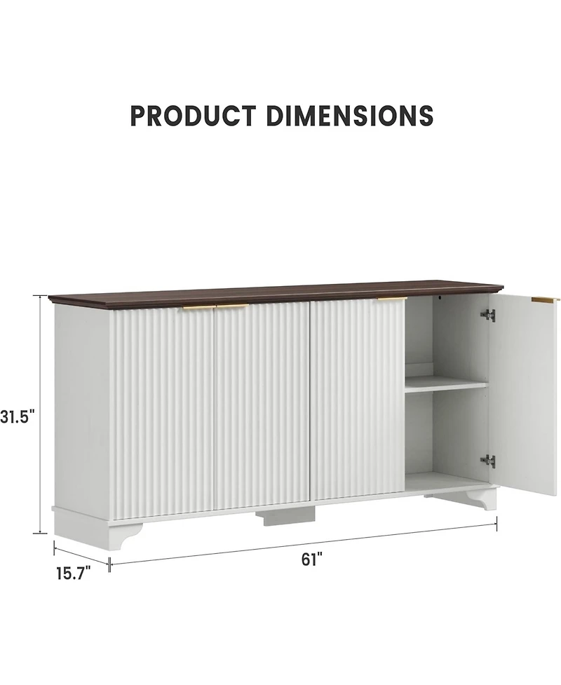 gaomon 61 Inch Modern Fluted Buffet Cabinet, Wooden 4-Door Sideboard with Adjustable Shelves, Kitchen Storage Cabinet Accent Furniture