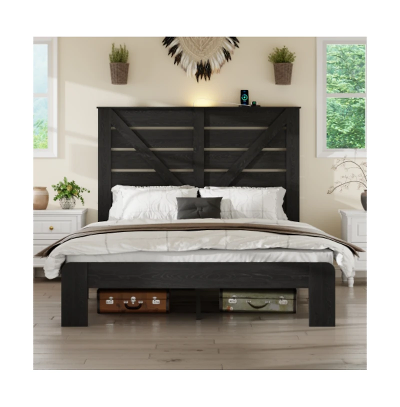 Lucky One Full Size Wood Platform Bed Frame with Heavy Duty Metal Frame, Industrial Style, Steel Slats, No Box Spring Needed