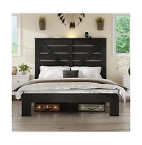 Lucky One Full Size Wood Platform Bed Frame with Heavy Duty Metal Frame, Industrial Style, Steel Slats, No Box Spring Needed