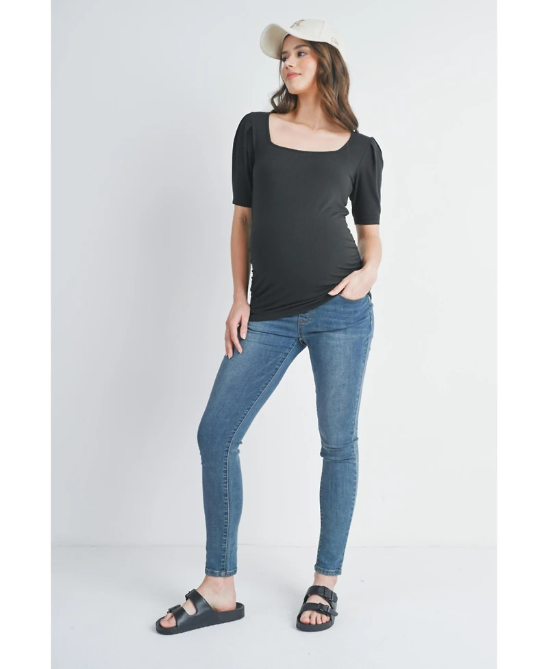 Hello Miz Women's Ribbed Puff Sleeve Square Neck Top