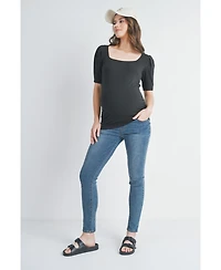 Hello Miz Women's Ribbed Puff Sleeve Square Neck Top