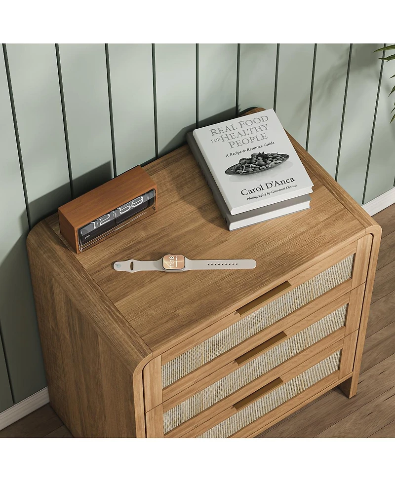 Streamdale Furniture 3-Drawer Rattan Nightstand 22.8'' Wide Curved Bedside Table Caramel