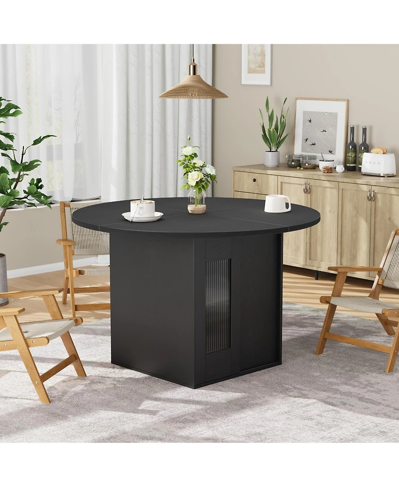 homfan Round Dining Table with Storage for 4 to 6, Farmhouse Wooden Sliding Door and 2 Tier Shelf, Room, Living Kitchen