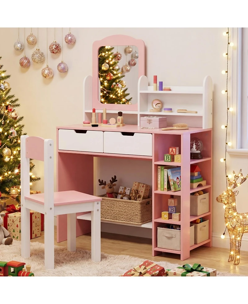 Slickblue Kids Vanity Set with Chair and Mirror Storage Shelves and Drawers